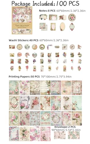 100 Pieces Vintage Scrapbook Supplies Ephemera Pack for Junk Journal Planners Scrapbooking Paper Stickers for Art Aesthetic Journaling Kit Collage Decoupage Album (Flower)