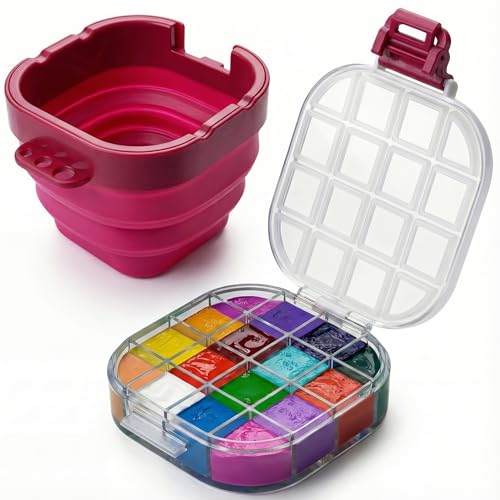 16-Well Airtight Empty Palette Box with Lid & Foldable Water Cup, Pink | Compact Travel Design, Refillable Paint Storage Suitable for Guache, Watercolor & Acrylic - color: Pink