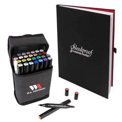 W.A. Portman A4 Bleedproof Marker Paper Sketchbook & 30-Piece Dual-Tipped Chisel & Fine Point Alcohol Markers - 60 Sheets of 157 GSM Paper - Alcohol Marker Set