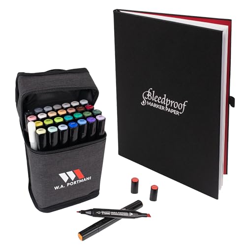 W.A. Portman A4 Bleedproof Marker Paper Sketchbook & 30-Piece Dual-Tipped Chisel & Fine Point Alcohol Markers - 60 Sheets of 157 GSM Paper - Alcohol Marker Set