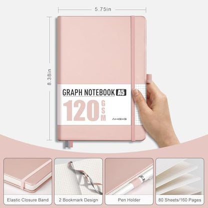 AHGXG Graph Paper Notebook, 120 GSM Paper, 160 Pages, A5 (5.7'' X 8.3'') - color: Rose Gold, style: A5-Grid-120G