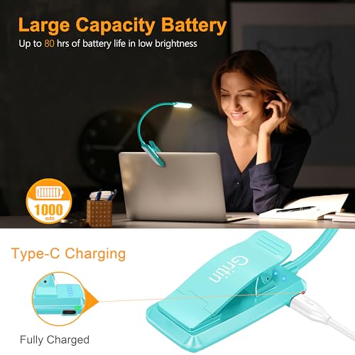 Gritin 9 LED Rechargeable Book Light for Reading in Bed | Eye Caring 3 Color Temps,Stepless Dimming Brightness,80 Hrs Runtime Small Lightweight Clip On Book Reading Light-Blue - color: Blue