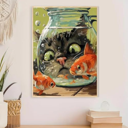 Fairyland JinWenn Curious Cat Fish Paint by Numbers Kit for Adults Framed Canvas Frameworkless - color: YH04413