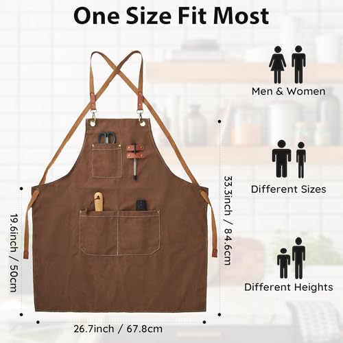 Chef Canvas Aprons with 3 Large Pockets Adjustable Strap for Men Women - color: Brown