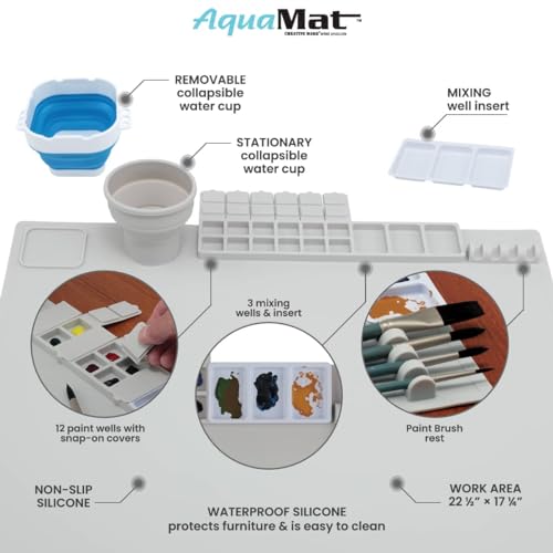 Creative Mark AquaMat Non-Slip Silicone Paint Mat - 23-3/8" x 21-3/8" - 5 Paint Cup Liners & 5 Palette Inserts for Artists, Painters & Crafters, Waterproof Surface Protection Rolls Up for Storage
