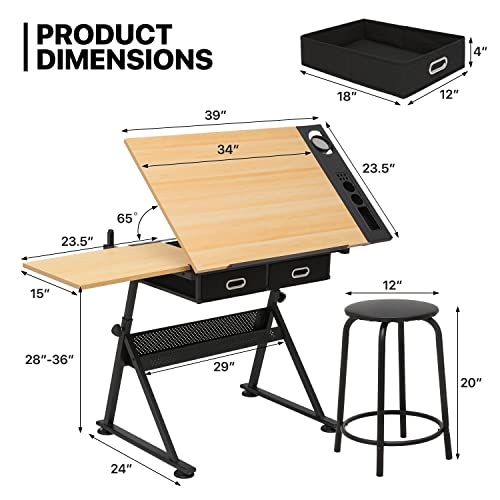 39‘’ Adjustable Drafting Table & Stool Set with Storage, Natural | Versatile Art Desk and Craft Center Home Study Room Artist Desk - color: Natural/Black