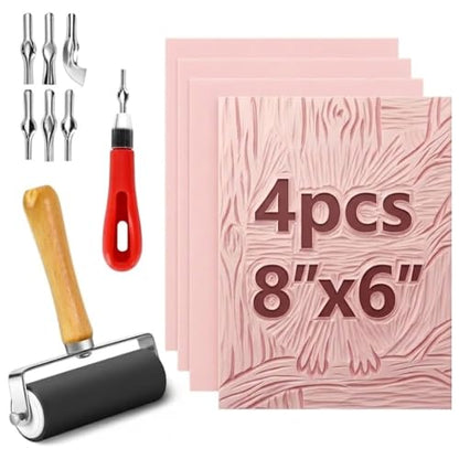 4 Pack Pink Rubber Stamp Carving Blocks 8"x6" (0.8cm Thick) with Tools Kit - Soft Linoleum Blocks for DIY Craft Projects, Stamp Making Supplies for Artists & Beginners - size: 8"x6"