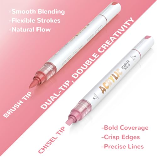 Guangna 12 Pink Skin Dual Tip Acrylic Paint Markers, Brush Tip & Chisel Tip Acrylic Paint Pens for Rock, Wood, Glass, Paper, Coloring Book, Ceramic, Canvas, Water-Based Ink - color: Pink Skin