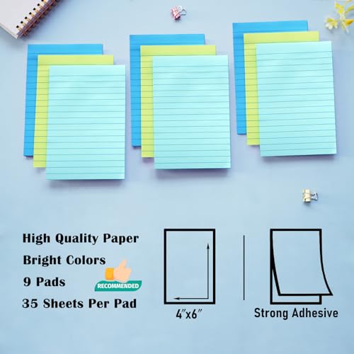 9 Pack Pastel Lined Sticky Notes 4X6 in Post and 9 Pack Aquatic Themed Colors Lined Sticky Notes with Lines 4X6 in Post