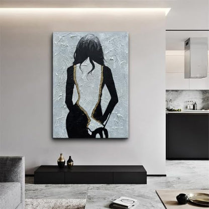 zoinart Hand Painted Black and White Wall Art, 28x40 Inches, Abstract Girl Painting, Vertical Black and White Wall Decor, Textured Art - color: BL-057