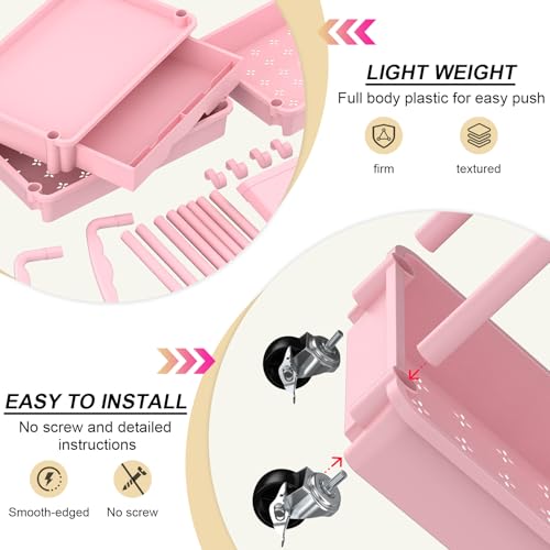 Goovilla 3 Tier Rolling Utility Cart Organizer with Removable Drawer, Pink | Stable and Sturdy Rolling Storage Carts with 2 Lockable Wheels for Bathroom, Kitchen, Snack, Craft, Makeup, Baby Essentials - size: 3 Tier, style: Pink