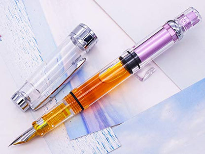 Lanxivi 4 x Yongsheng 3008 Fountain Pen Upgrated Fine Nib,Silver Trim,Piston Filling, Transparent - color: 3008 A Silver Trim F