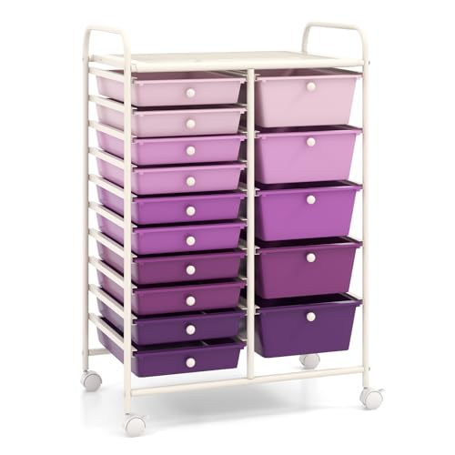LDAILY 15 Drawer Rolling Storage Cart, Rolling Cart with Drawers for Classroom, Art Supply Craft Organizer on Wheel with Metal Frame & Handles for Home Office School - color: Gradient Purple, size: 15 Drawer