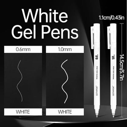 GETHPEN White Gel Pen Set, Opaque Archival Ink 0.6/1.0mm for Black Paper - size: 1 Count (Pack of 6), style: 6 Pack White