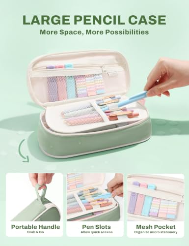 SUNEE Pencil Case with Supplies, 35PCS Aesthetic Stationery Set with Pastel Highlighters, Black Gel Pens, Mechanical Pencils & Refills, College School Supplies for Students Girls, Green - color: Green, style: 35 Pack