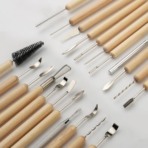 GSHLLO 11 Pcs Polymer Clay Sculpting Tool Set Wooden Handle Pottery Tools DIY Craft Ceramic Modeling Tools Professional Pottery Trimming Tool Ceramic Carving Accessories for Sculptures