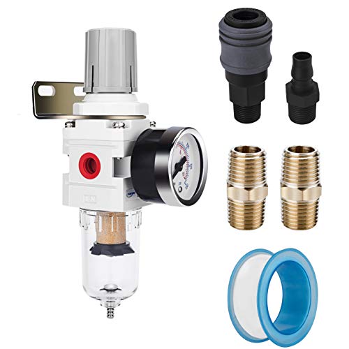 1/4" NPT Air Compressor Filter & Pressure Regulator Combo w/Gauge | 5-micron brass element water/oil separator, poly bowl, semi-auto drain, 20 SCFM, 0-150 psi gauge—for airbrush & air tools - size: 1/4" NPT, style: Semi-Auto Drain