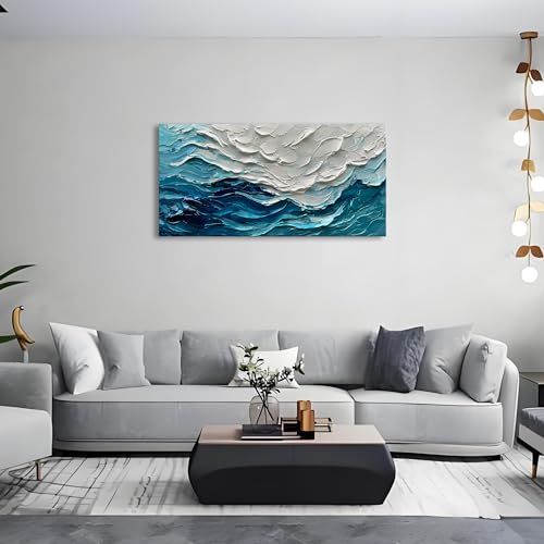 Art 24x48 inch Hand-Painted Blue Ocean Landscape Oil Painting Large Abstract Canvas Art Home Wall Decoration - color: Dn165