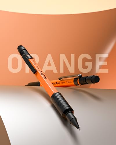 Nicpro 3 PCS 1.3 mm Mechanical Pencils Set with 66 Lead Refill, 3 Eraser | MP2000 Orange Weatherproof Metal Barrel, Heavy Duty Carpenter Pencil for Outdoor Construction Marking Drafting and Drawing - style: 3 Pack (Orange)