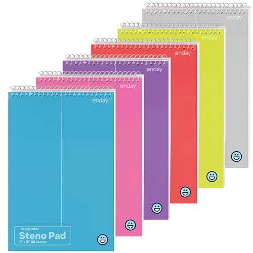 Enday Steno Pads Spiral 6 Pack, 6 x 9, 80 Sheets White Paper, Gregg Rule, Steno Notebook for writing, Assorted Colors, Pink, Purple, Green, Blue, Red, Grey - size: 6