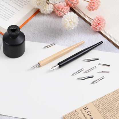 salbsever 12PCS Dip Pen Nibs, Dip Pen Set, 2 Wooden PenHolders and 10 Stainless Steel Calligraphy Nibs, Comic Calligraphy Drawing Pens for Writing, Painting, Signing, Sketch