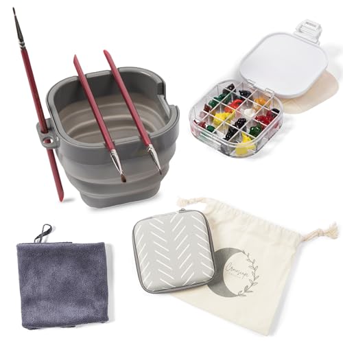 Airtight Watercolor Palette with Lid - Set of 5 Paint Brush Holder Cup with Paint Palette | Acrylic Paint Palette | Paint Brush Cleaner Cup | Painting Accessories | Painting Palette Gifts for Artists - color: Herringbone