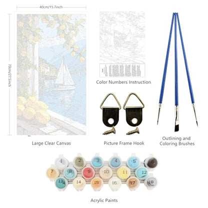 ARTGOTO Large Paint by Numbers for Adults Lake Como Italy | 15.7x27.5inch/40x70cm Paint by Number Kit on Canvas, Lemon Tree Sailboat Landscape Acrylic Painting Set, No Frame - color: PBN061