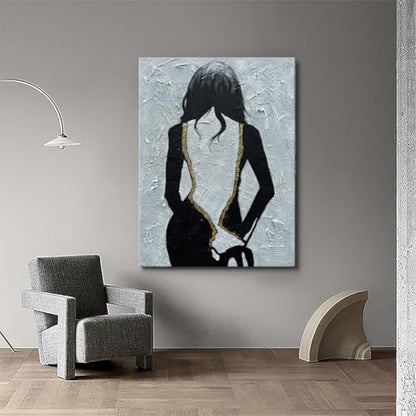 zoinart Hand Painted Black and White Wall Art, 28x40 Inches, Abstract Girl Painting, Vertical Black and White Wall Decor, Textured Art - color: BL-057