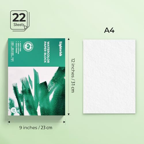 LIGHTWISH Watercolor Paper Block, 9x12 Inch 22 Sheets, 100% Cotton 300gsm/140lb Heavyweight Paper, Cold Press Paper for Wet and Dry Media, Acid-Free Art Paper for Artist & Beginner (23x31cm)