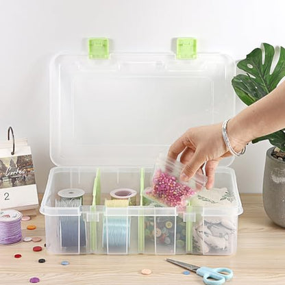 BTSKY Clear Plastic Dividing Storage Box with 4 Compartments Sewing Box | 13.3x8.1x3.4 Inches Adjustable Storage Bin with Lid Plastic Craft Storage Container Multipurpose Art Supply Organizer Green - size: 13.3x8.1x3.4 Inches-Green
