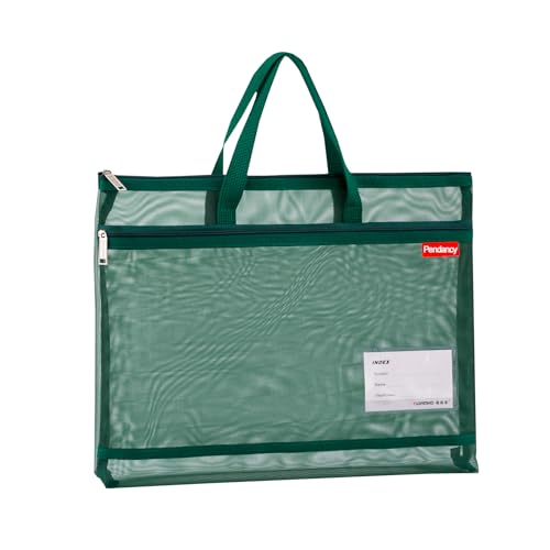 Pendancy Dark Green Folder Bag with Handle, Fits A4 Paper, Mesh Pouch | 11 x 13.8 in Transparent Nylon Document Organizer with 2 Zippered Compartments for Papers, Books, Office and Travel - color: Translucent Green, style: DIY Label Type A4 Size(11x13.8in