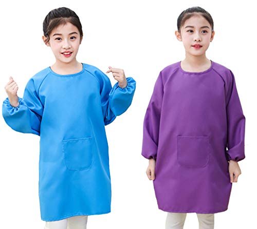 Lauthen.S 2 Pack Kids Art Smocks, Long Sleeve Artist Painting Aprons - color: Blue + Purple, size: M(4-8 Years)