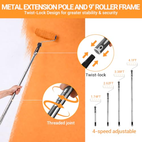 DEKOPRO Paint Roller Kit, 26-Piece Paint Roller Set with Extension Pole, 2" 4" 9" Paint Rollers with Microfiber Sleeves, & Frame, Tray for Walls, Cabinets, Interior, Exterior, House Painting Supplies