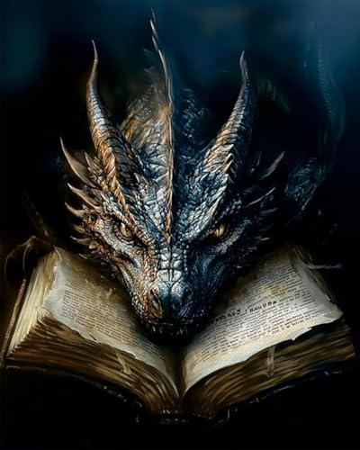 MBNTJHT Dragon Paint by Numbers Kit for Adults,Black Dragon and Book Paint by Number Kits with Brushes for Adults Beginner,DIY Unframed Oil Painting Kits for Home Wall Decor 16x20 Inch. - color: MT21923