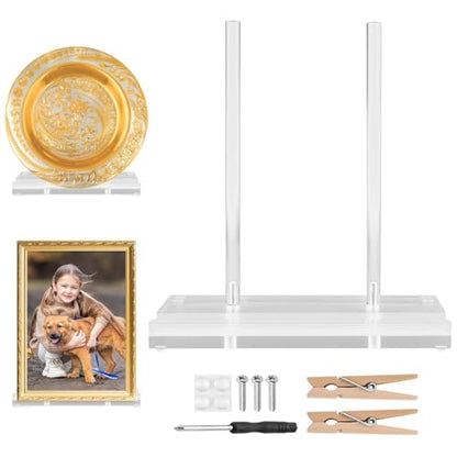Acrylic Plate Stand with 2 Wooden Clips, Tabletop Art Display Stand, Clear Picture Stand for Book, Plate, Picture, Frame(COLOR:Clear)