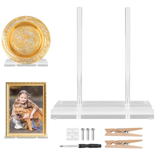 Acrylic Plate Stand with 2 Wooden Clips, Tabletop Art Display Stand, Clear Picture Stand for Book, Plate, Picture, Frame(COLOR:Clear)