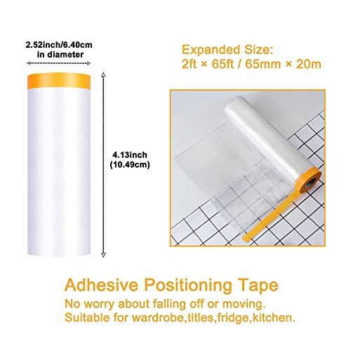 Muf 2 x 65 Feet Plastic Drop Cloth Plastic Sheeting with Masking Tape,Waterproof Protective Masking Film,Prevent Dust Paint for Car,Furniture,Carpet,Floor,2 Pack - size: 2 × 65 feet