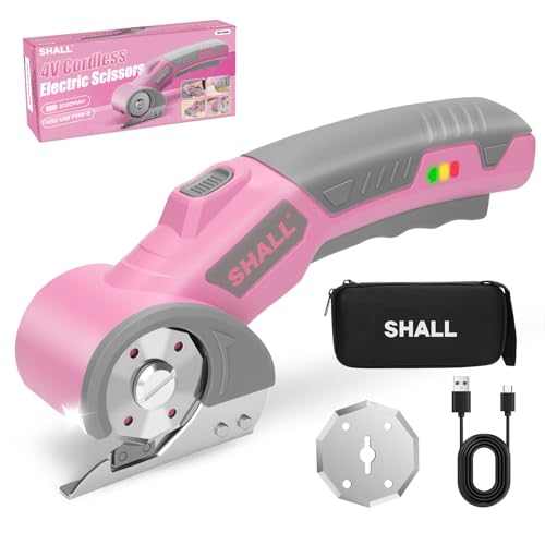 SHALL 4V Cordless Electric Scissors, Rechargeable Cardboard Cutter, Rotary Electric Box Cutter w/Safety Lock, LED Light & Replacement Blade for Fabric, Leather, Carpet, Cardboard & Plastic, Pink/Grey - color: Pink