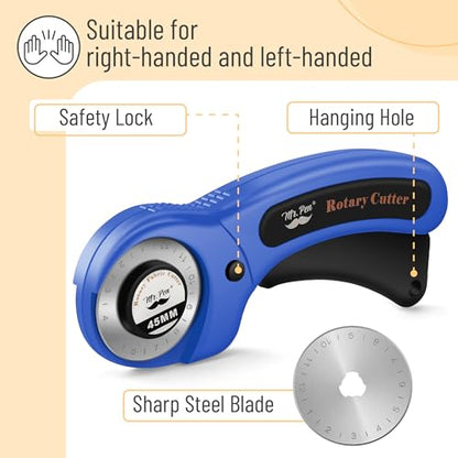Mr. Pen- Rotary Cutter for Fabric with 1 Extra Blade, 45mm | Fabric Cutter Wheel, Fabric Rotary Cutter, Rotary Fabric Cutter, Sewing Rotary Cutter, Rotary Cutting Tool, Blue/Black - color: Blue