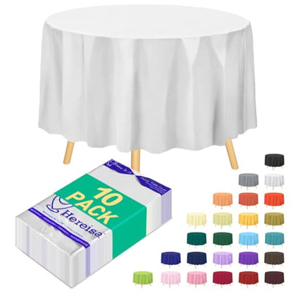 White Round Disposable Plastic Tablecloth 84 Inch [10-Pack] - Bulk Waterproof Party Supplies, Easy Cleanup - color: Fa2 - White, size: 10 PACK | Round | 84 Inch