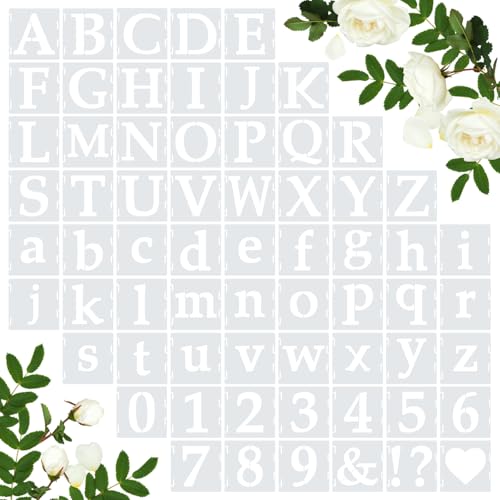 Amrules 65 Pcs Painting Stencils, Letters Numbers and Symbols, 4 x 4 Inch | Plastic, Reusable, Interlocked Design, Drawing Templates Set Fit for Wood, Walls, Fabrics, Rocks, Home Decoration - style: Letter
