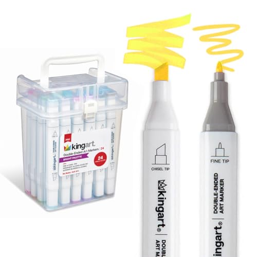 KINGART PRO Double-Ended Alcohol Ink Art Markers, 24 BRIGHT Colors, Fine Point & Chisel Tips, Permanent with Superior Blendability, Includes Plastic Case, 24 Pc. - color: Bright