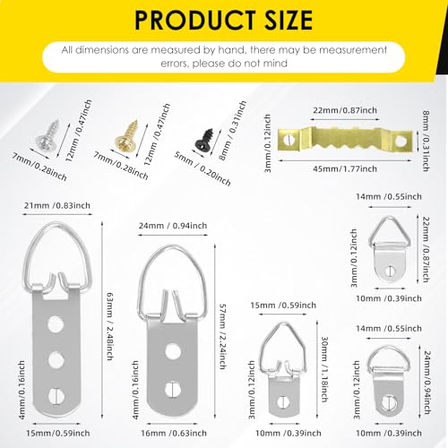 415Pcs Frame Hangers Screws Kit, 5 Sizes D Ring Picture Hangers and Sawtooth Hangers Assorted Kit with Box for Wall Mounting Heavy Canvas Paintings Photos Board Clock Artwork Clipboard
