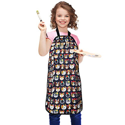FreeNFond Kids Apron Adjustable Child Apron with 4 Pockets for Baking Painting - color: Blue Cat