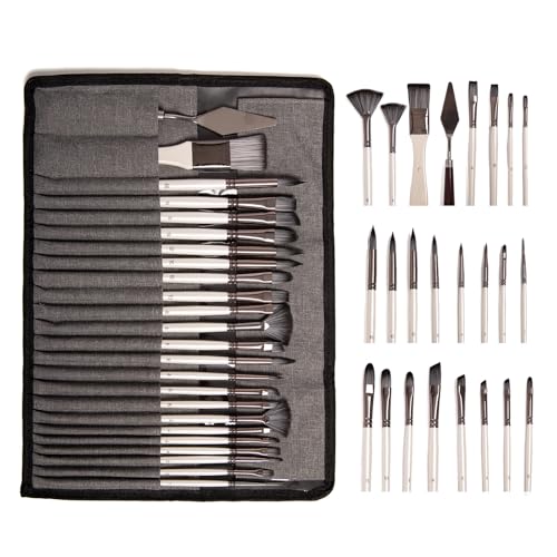 Paint Brushes Set, 24 Pcs Artist Paint Brush Set with Nylon Bristles, Wooden Handles, Roll-Up Canvas Case and Palette Knife for Acrylic, Watercolor, Oil, Gouache, Canvas Painting, Pearl White - color: Pearl White