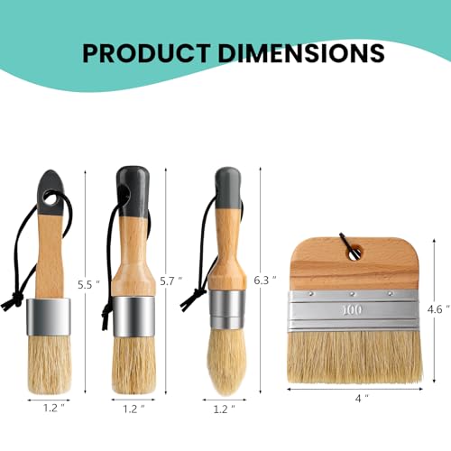 Mister Rui Chalk Wax Paint Brush, 4pcs, Chalk Paint Brushes for Furniture | Flat Pointed and Round Brush with Natural Bristles for Chalk Paint and Wax, All in One Paint Stencil Brushes, No Shedding