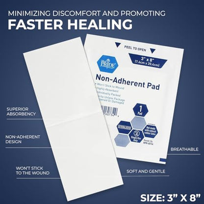 MED PRIDE Sterile Nonstick Pads for Wound Care, Absorbent Non-Adherent, Painless Removal, Individually Wrapped (3x8 Inch (Pack of 50)) - size: 3x8 Inch (Pack of 50)