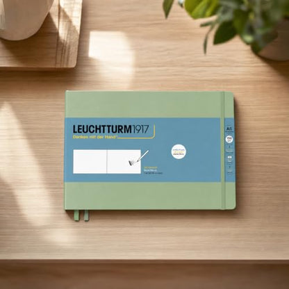 Leuchtturm1917 - Medium Landscape Hardcover Sketchbook (Sage) - 112 Pages of 150g/m² Paper | 150 g/m² drawing cardboard, blank, 112 pages, thread binding, folding pocket, bookmark, elastic closure, acid-free - color: Sage, size: Medium Landscape (A5)