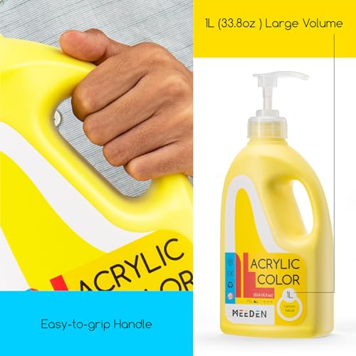 MEEDEN Lemon Yellow Acrylic Paint: 1 L /33.8 oz Satin Liquid Paint with Pump Lid - Soft Body Art Paints for Canvas, Studio, School, Wall & Poured Paintings - color: Lemon Yellow