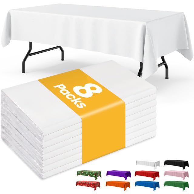 Niuara White Plastic Table Cloth Disposable, 8 Pack, 54 x 108 in | Rectangle, 6 ft Tables, Party Holiday Gathering - color: White, size: 54" x 108" - 8 Packs